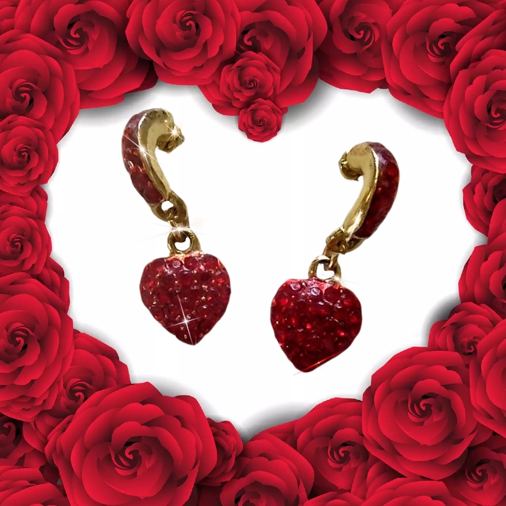 Red Rhinestone Encrusted Heart Dangle Drop Pierced Earrings